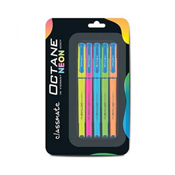 Classmate Octane Neon- Blue Gel Pens(Pack of 5)|Smooth Writing Pen|Attractive body colour for Boys & Girls|Waterproof ink for smudge free writing|Preferred by Students for Exam|Study at home essential